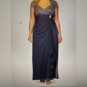 Betsy & Adam KIM Sheer Matte Jersey Lace Formal Gown Gray Sz 22 Plus NWT Ruched